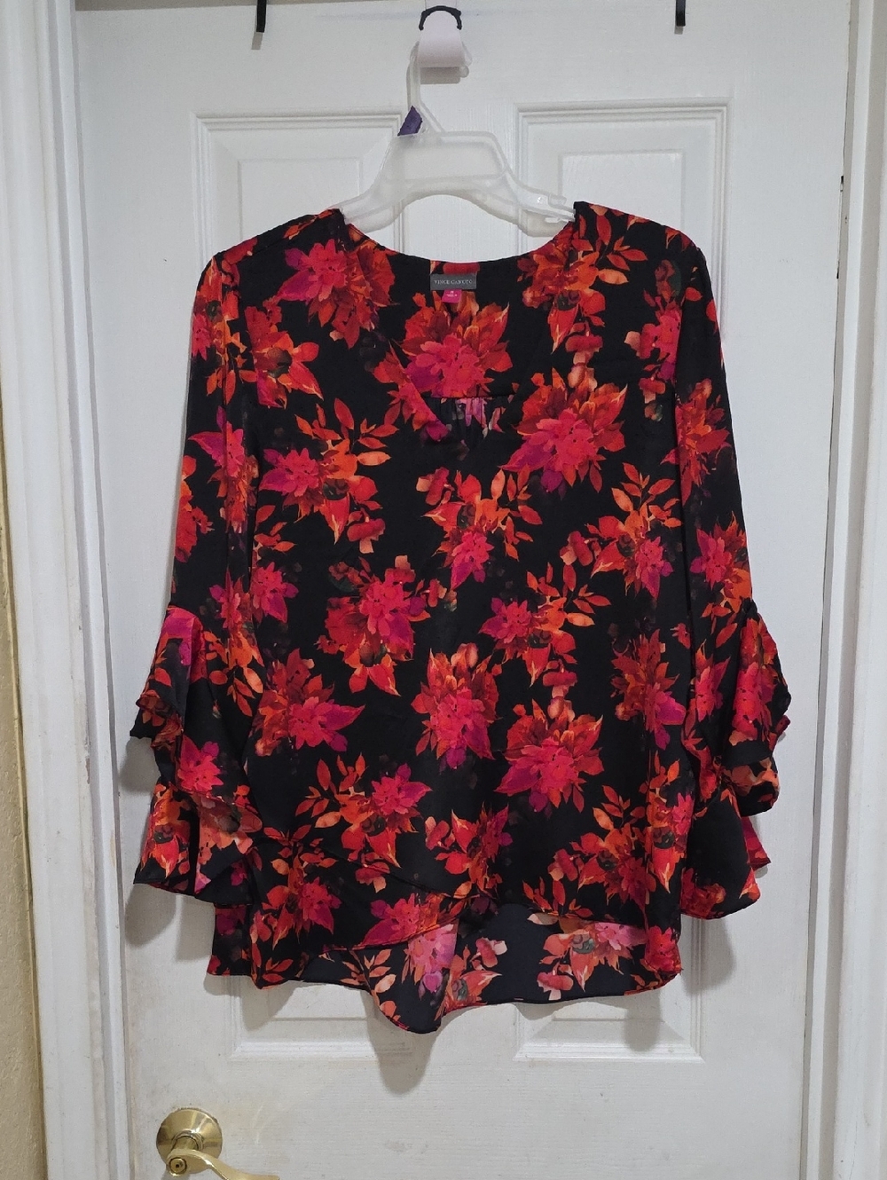 Vince Camuto Black Blouse with Pink & Red Floral Print
